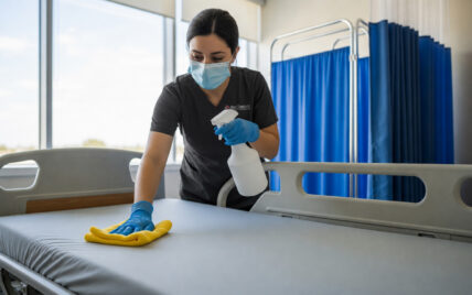 Female Medical Cleaning Hot Weather in Hospital Bedroom