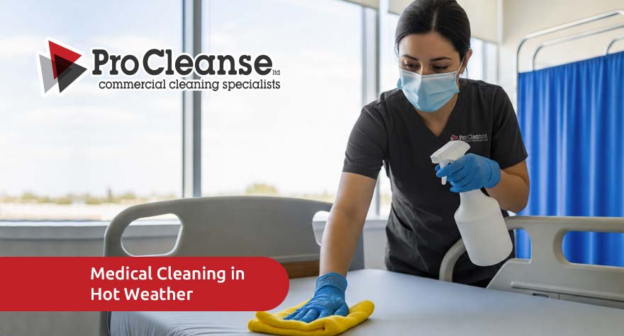 Female ProCleanse cleaner cleaning hospital bed in hot weather for nhs