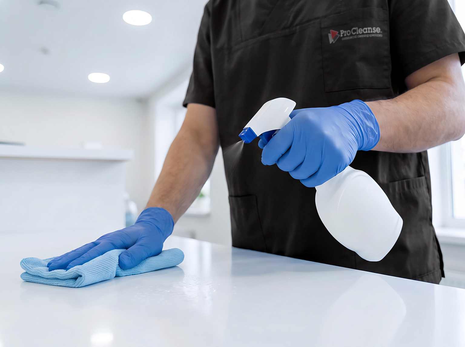 Cleaner disinfecting a reception desk in a GP surgery waiting room