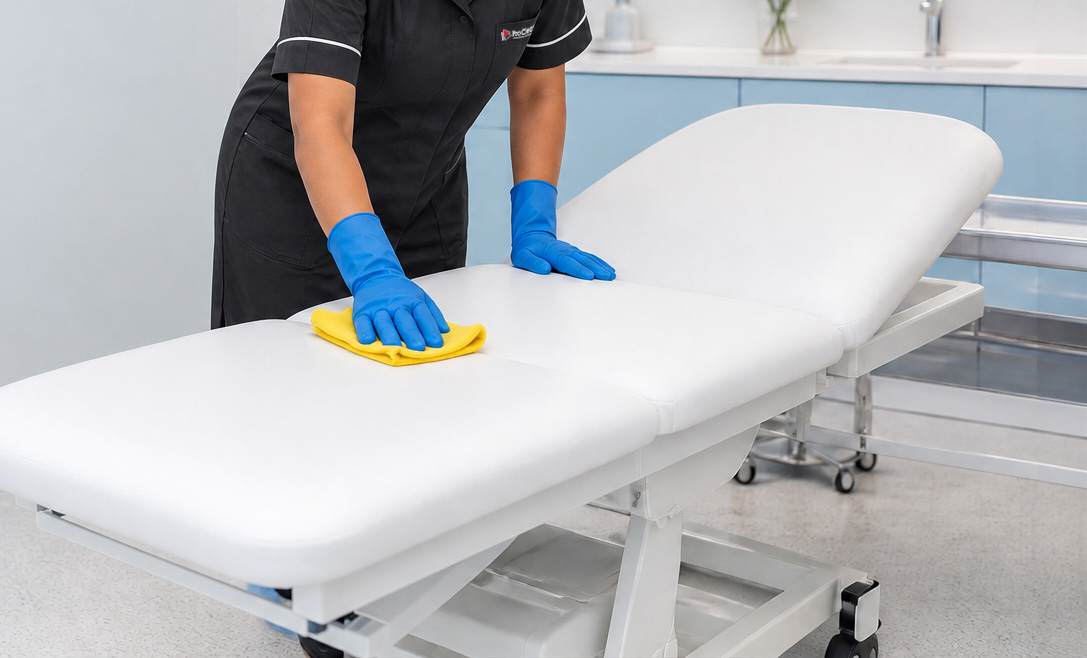 Cleaner disinfecting surfaces in a GP consulting room
